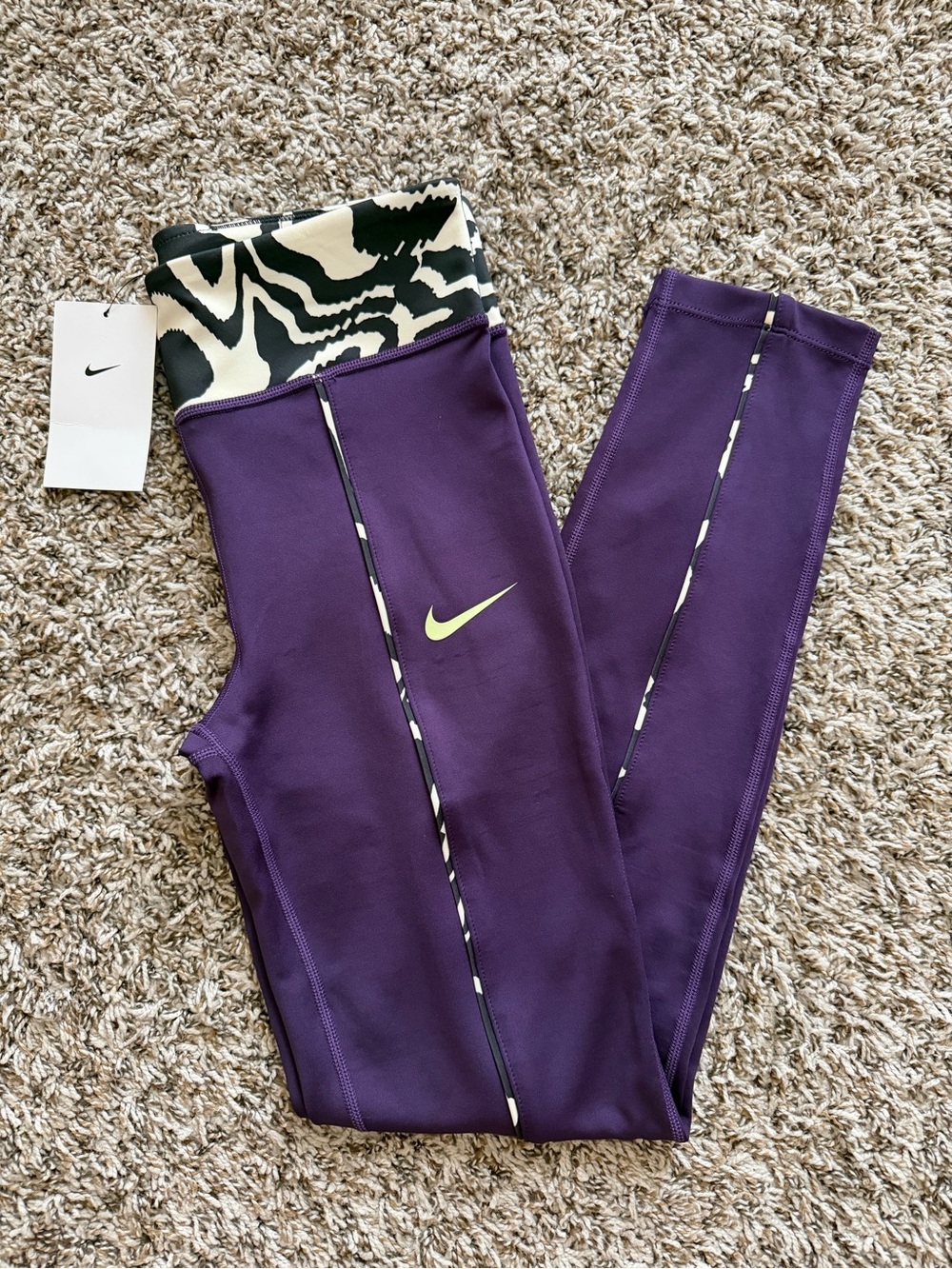 Nike Purple Kids Athletic Leggings with Black & White Zebra Waistband